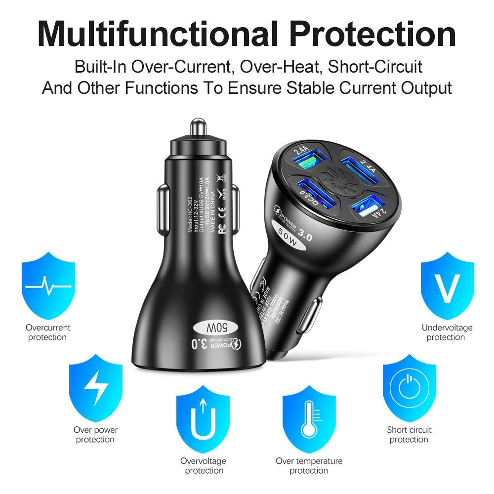 50W 4 USB Ports QC3.0 Fast Charging Car Charger Phone Power Adapter - Black - 5