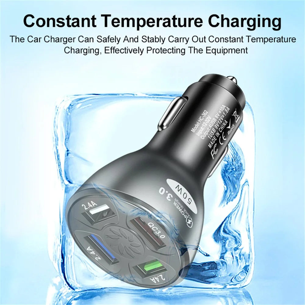 50W 4 USB Ports QC3.0 Fast Charging Car Charger Phone Power Adapter - Black - 6