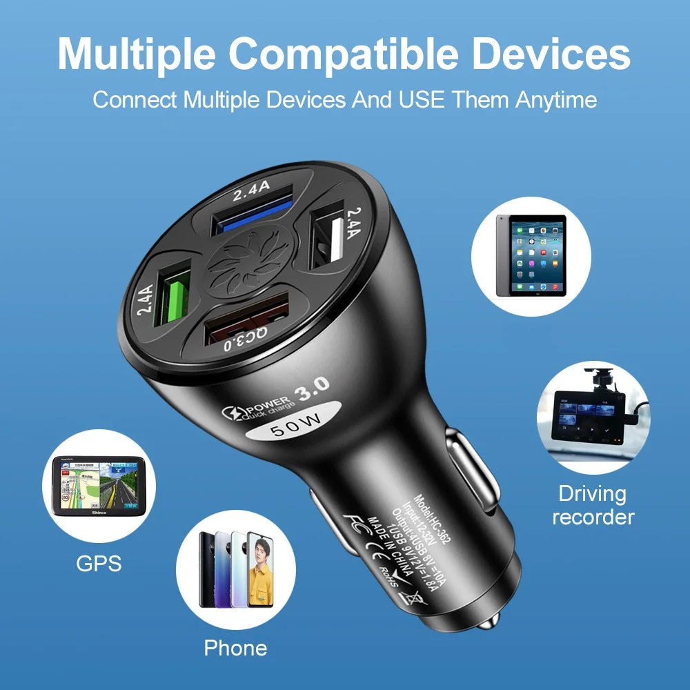 50W 4 USB Ports QC3.0 Fast Charging Car Charger Phone Power Adapter - Black - 7