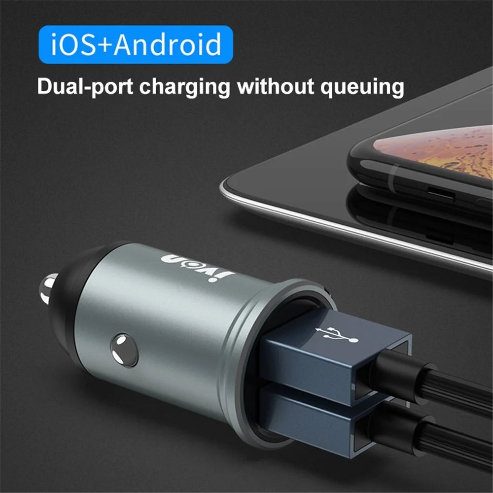 IVON CC37 Mini Car Charger Dual Ports Cigarette Lighter Fast Charging with 1m USB to Type-C Cable - 4