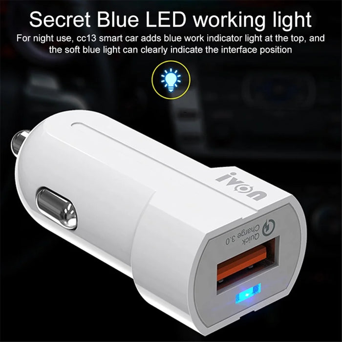 IVON CC13 QC 3.0 Fast Charging Cigarette Lighter LED Indicator Light Car Charger + Cable Set - Micro USB Cord - 4