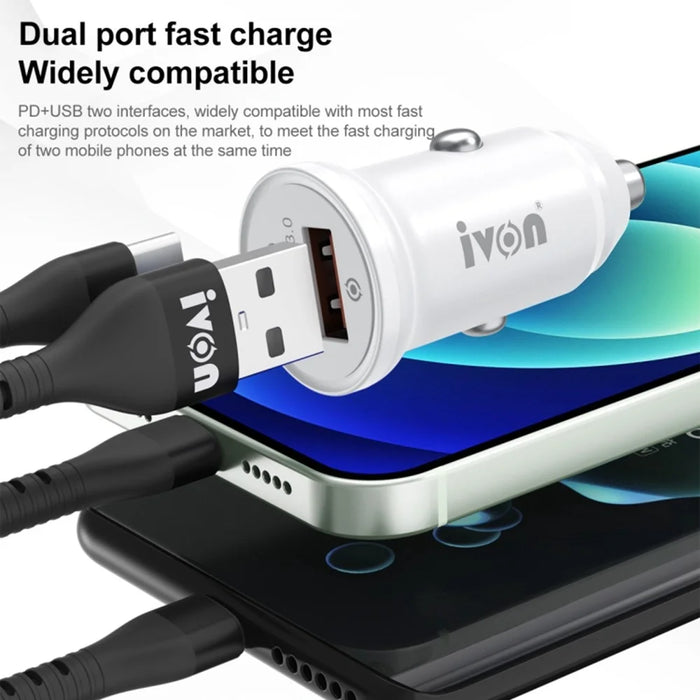 IVON CC45 20W PD 3.0 Type-C+QC 3.0 USB Dual Port Mini Car Charger Phone Fast Charging Adapter - 4