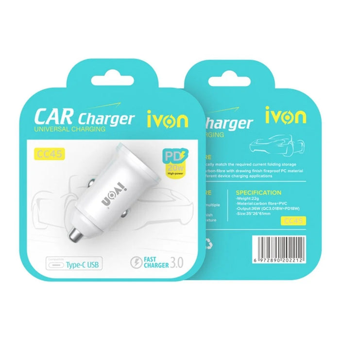 IVON CC45 20W PD 3.0 Type-C+QC 3.0 USB Dual Port Mini Car Charger Phone Fast Charging Adapter - 6