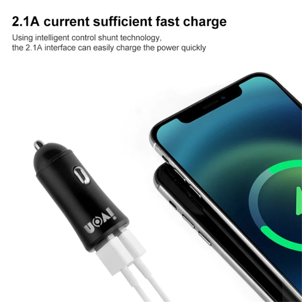 IVON CC26 5V 2.1A Dual USB Ports Fast Charger Car Charger for Cell Phone Camera Tablets Laptops and More - Black - 5