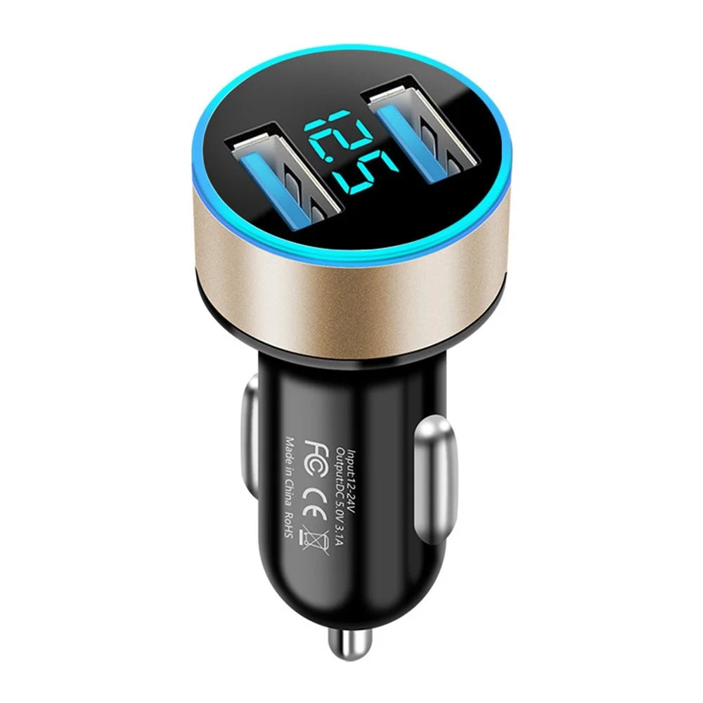 Dual USB Car Charger LED Ring Light Design 5V 3.1A Fast Charger Universal Car Phone Charger for Camera Tablets Laptops - Black / Gold - 1