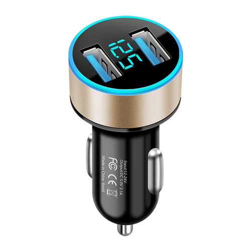 Dual USB Car Charger LED Ring Light Design 5V 3.1A Fast Charger Universal Car Phone Charger for Camera Tablets Laptops - Black / Gold - 1