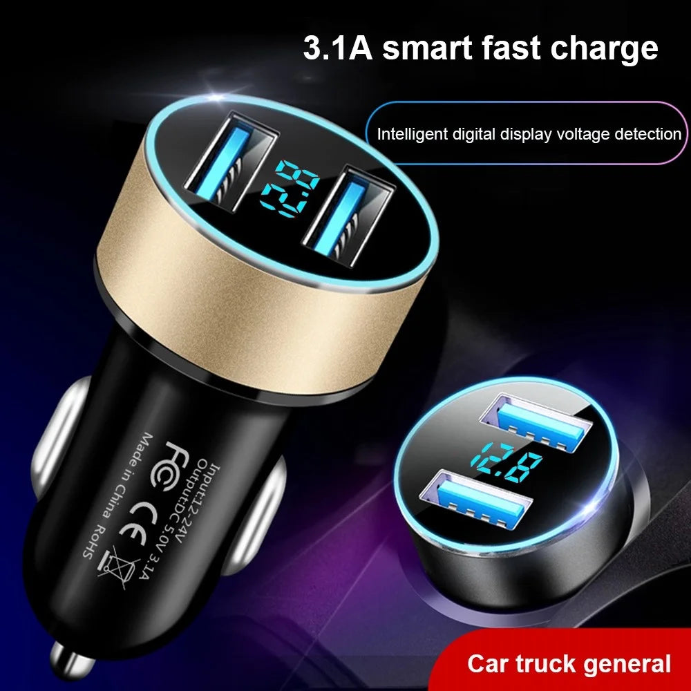 Dual USB Car Charger LED Ring Light Design 5V 3.1A Fast Charger Universal Car Phone Charger for Camera Tablets Laptops - Black / Gold - 2
