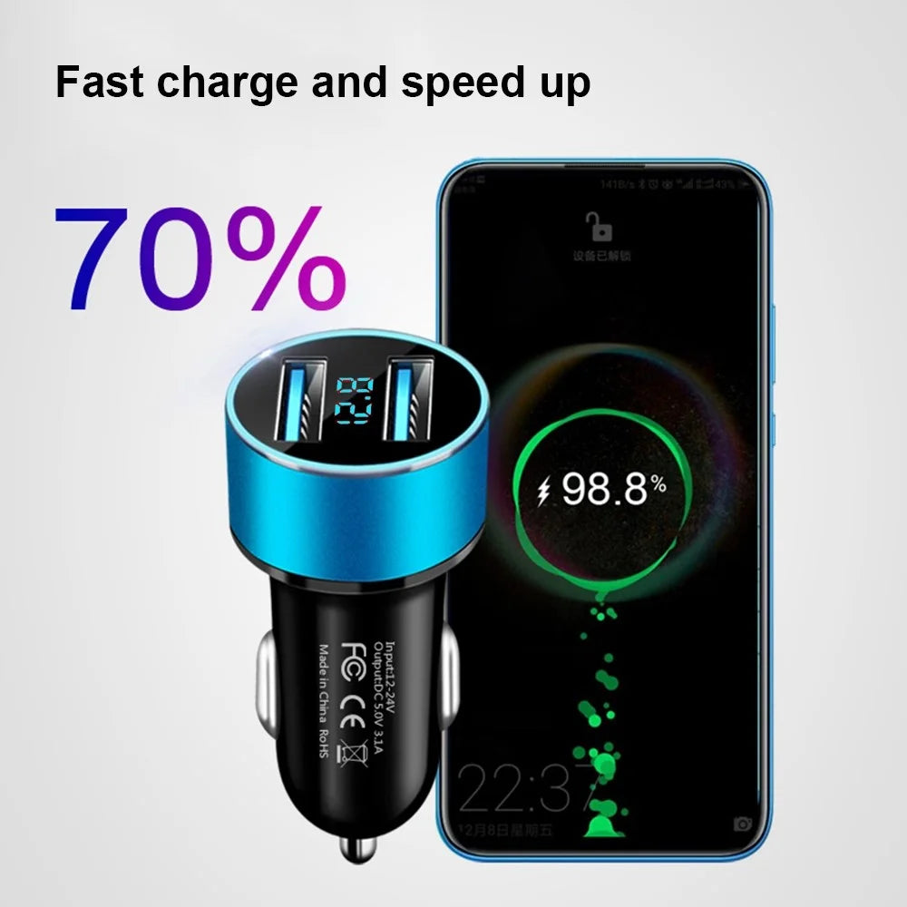 Dual USB Car Charger LED Ring Light Design 5V 3.1A Fast Charger Universal Car Phone Charger for Camera Tablets Laptops - Black / Gold - 3