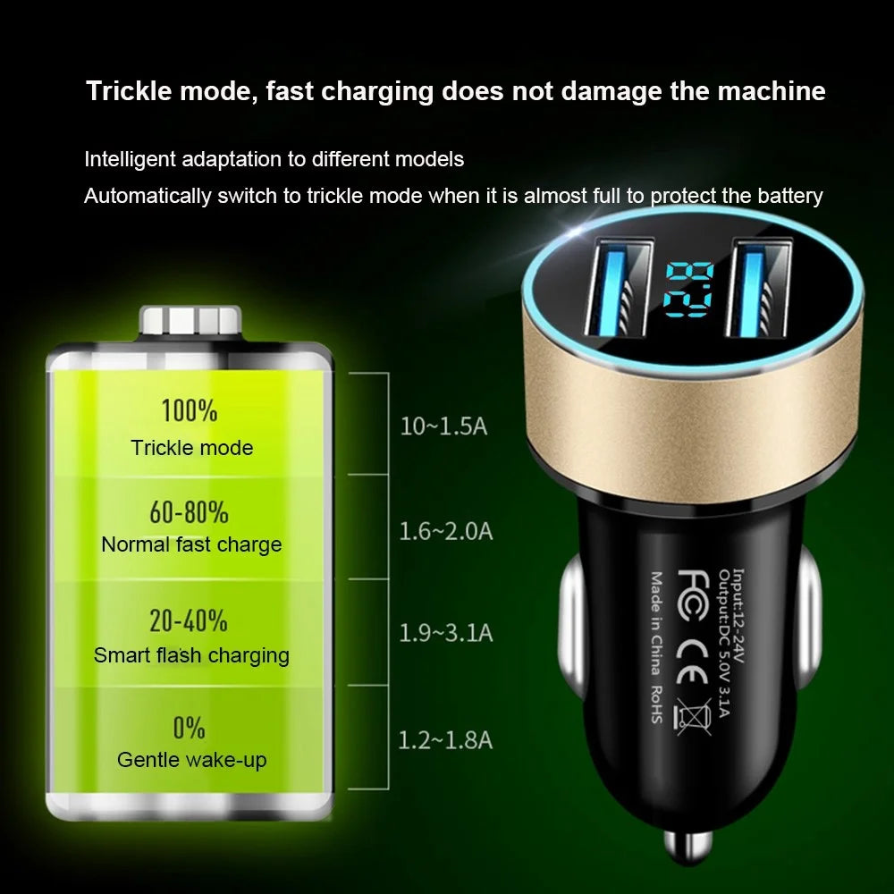 Dual USB Car Charger LED Ring Light Design 5V 3.1A Fast Charger Universal Car Phone Charger for Camera Tablets Laptops - Black / Gold - 5