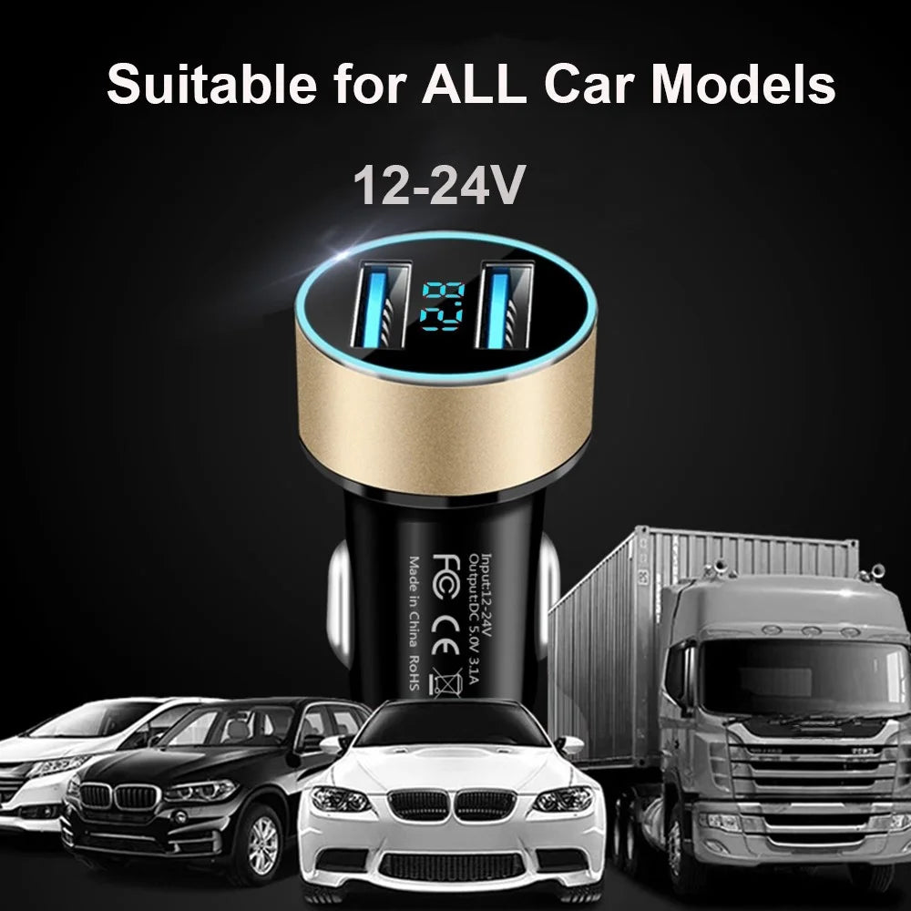 Dual USB Car Charger LED Ring Light Design 5V 3.1A Fast Charger Universal Car Phone Charger for Camera Tablets Laptops - Black / Gold - 7