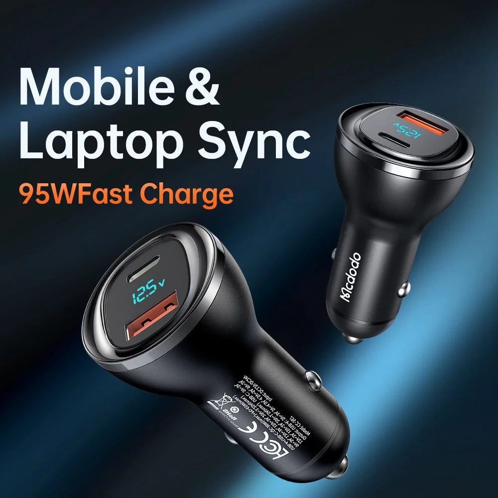 MCDODO CC-5670 95W Dual Port Car Charger USB + Type-C Car Charger Adapter with LED Digital Display for Mobile Phones Laptops - Black - 5