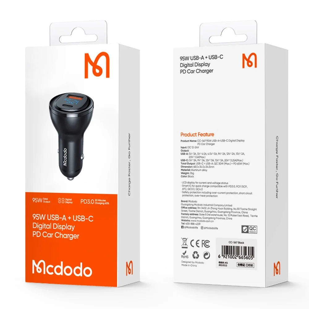 MCDODO CC-5670 95W Dual Port Car Charger USB + Type-C Car Charger Adapter with LED Digital Display for Mobile Phones Laptops - Black - 7