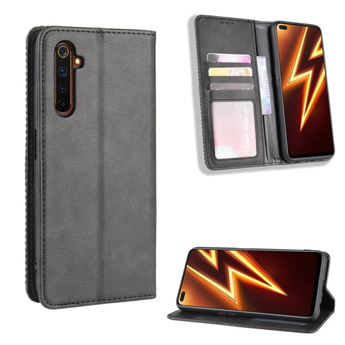 For Realme 6 Pro Vintage Leather Auto-absorbed Protection Case with Wallet Stand - Black - 1