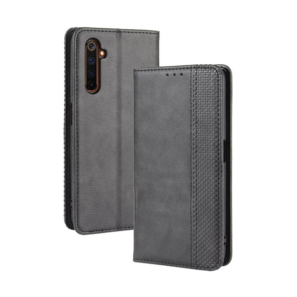 For Realme 6 Pro Vintage Leather Auto-absorbed Protection Case with Wallet Stand - Black - 2