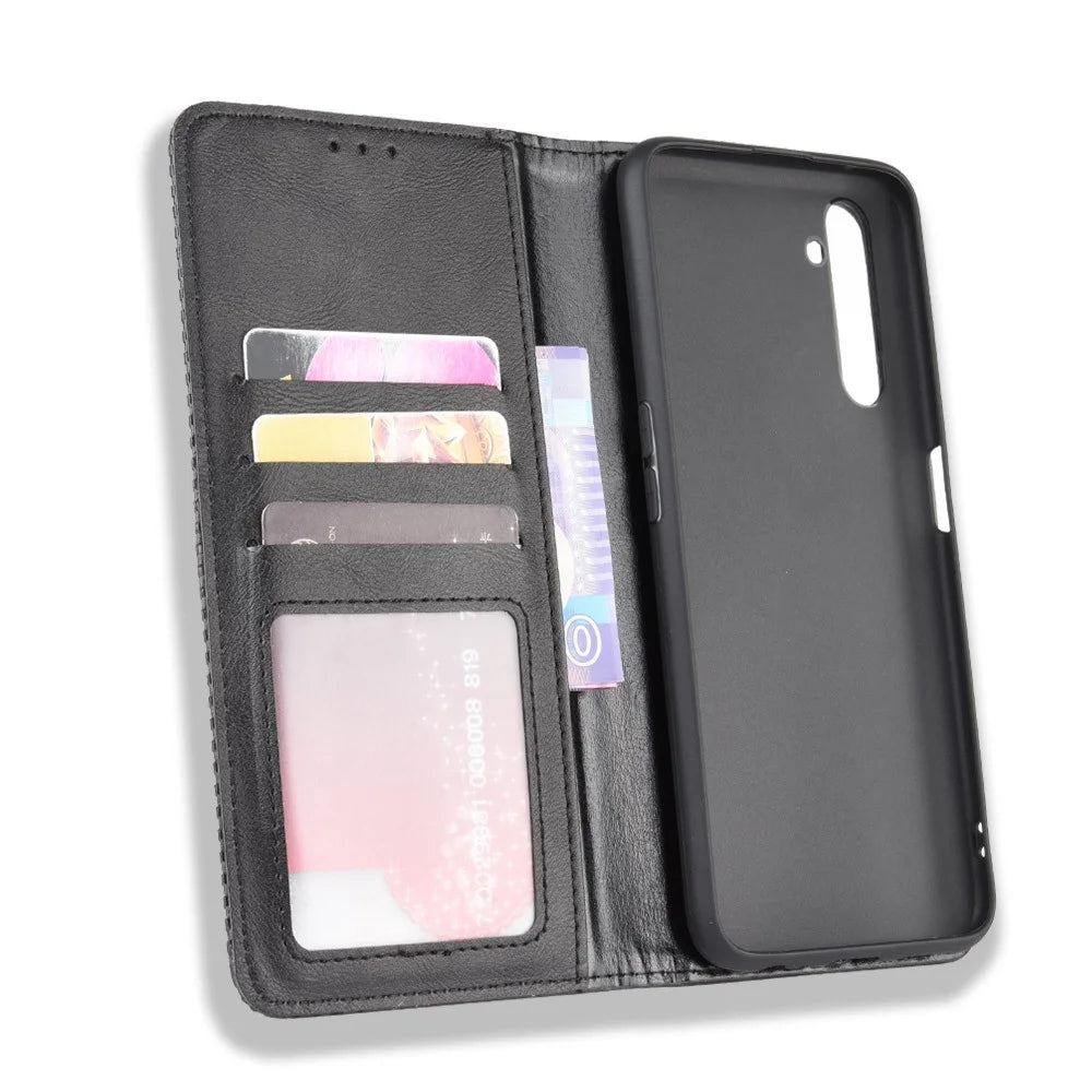 For Realme 6 Pro Vintage Leather Auto-absorbed Protection Case with Wallet Stand - Black - 5