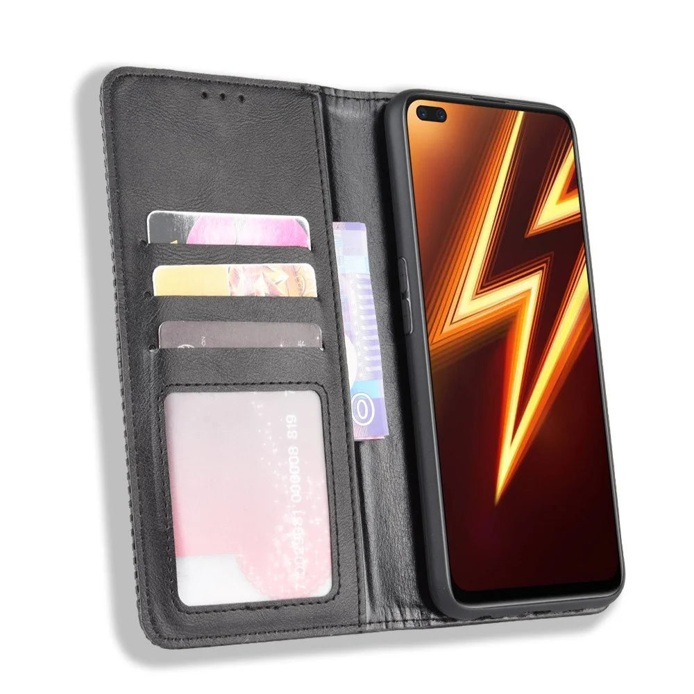 For Realme 6 Pro Vintage Leather Auto-absorbed Protection Case with Wallet Stand - Black - 6
