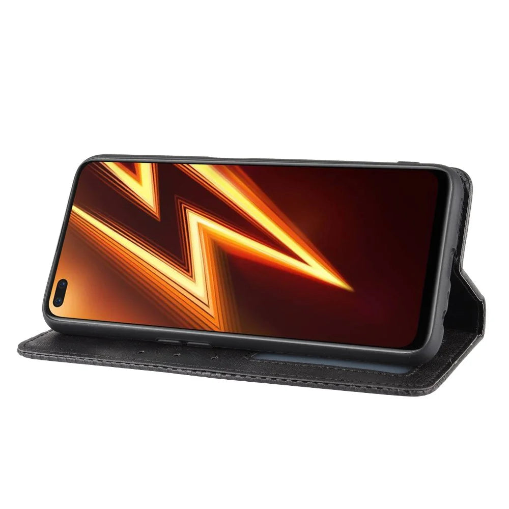 For Realme 6 Pro Vintage Leather Auto-absorbed Protection Case with Wallet Stand - Black - 7