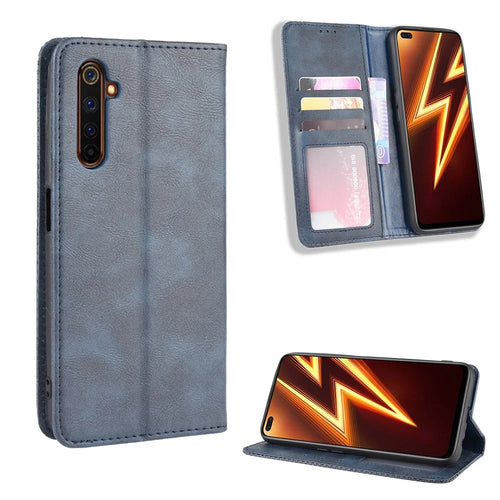 For Realme X50 Pro 5G Vintage Leather Auto-absorbed Protection Case with Wallet Stand - Blue - 1
