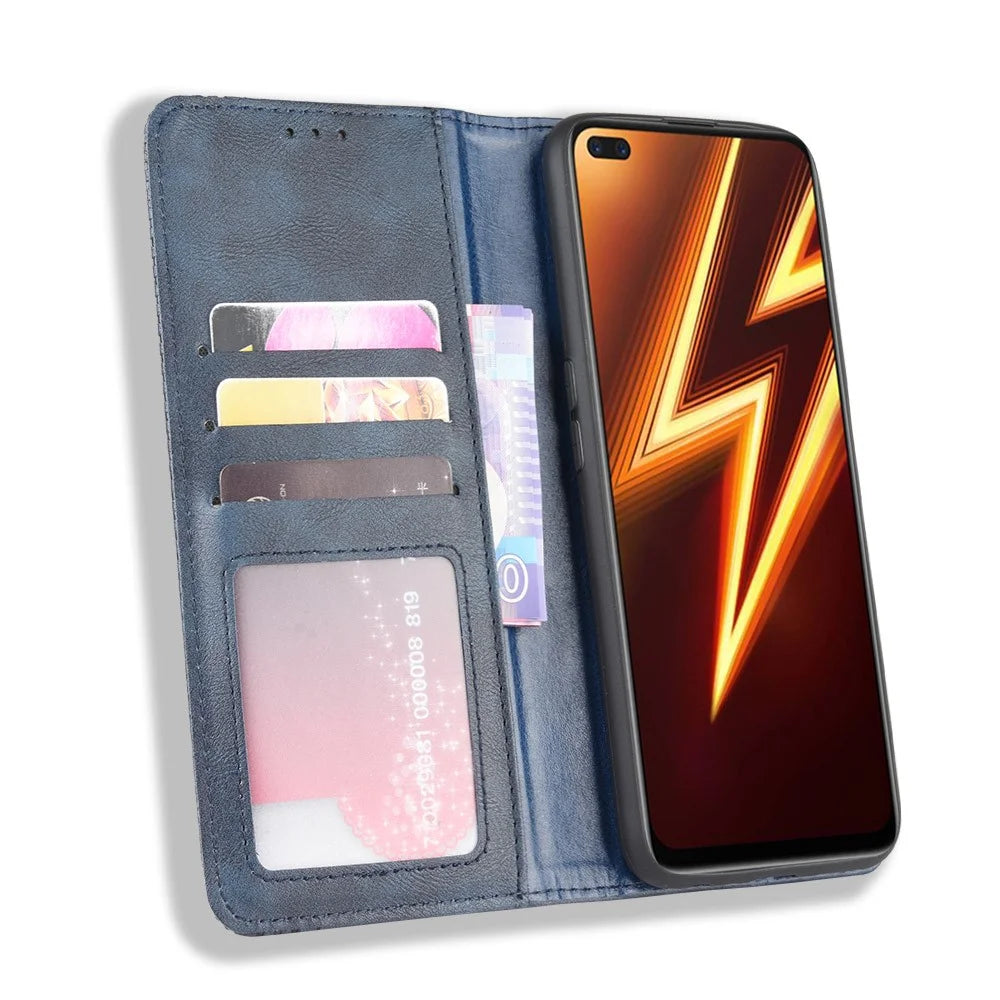 For Realme X50 Pro 5G Vintage Leather Auto-absorbed Protection Case with Wallet Stand - Blue - 6
