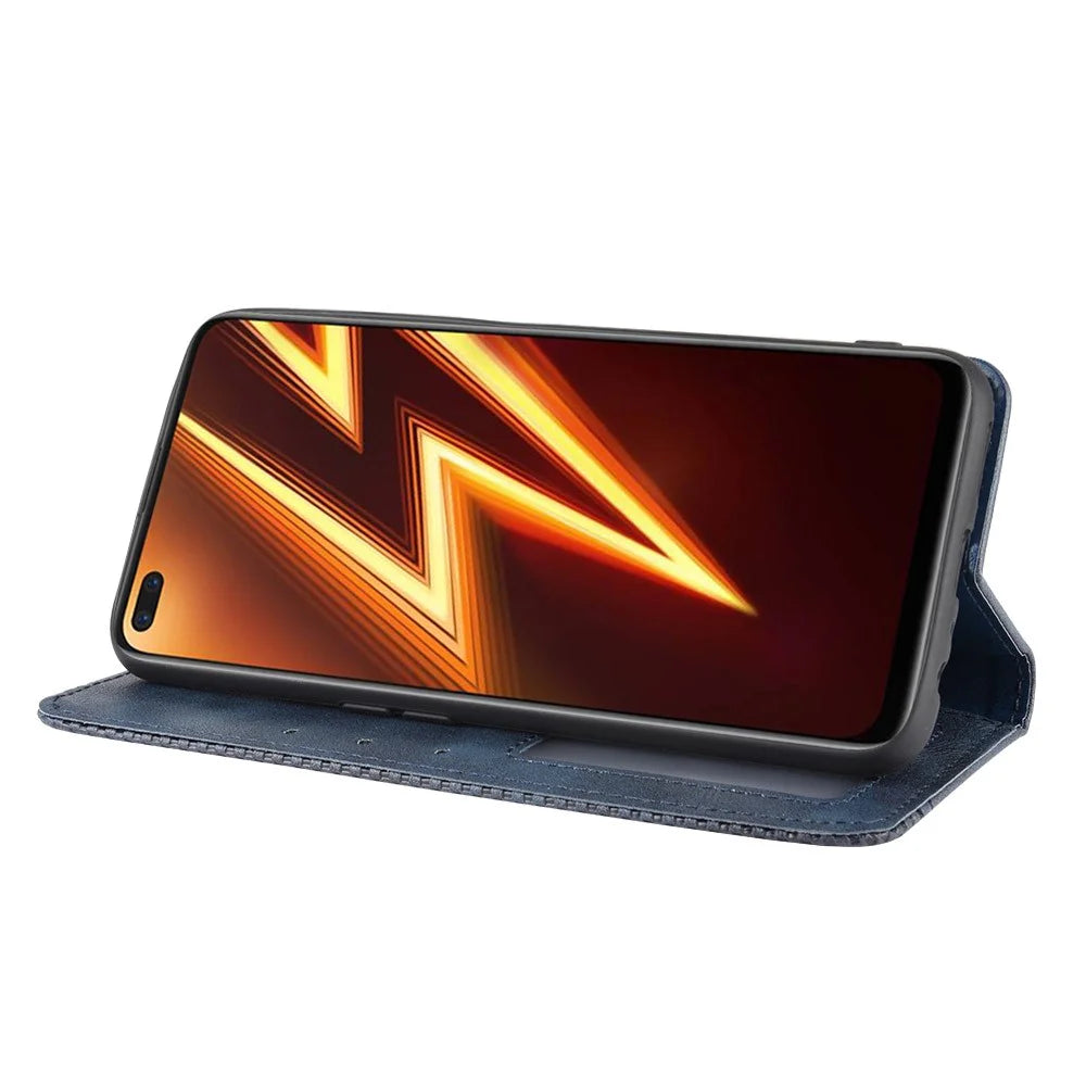 For Realme X50 Pro 5G Vintage Leather Auto-absorbed Protection Case with Wallet Stand - Blue - 7