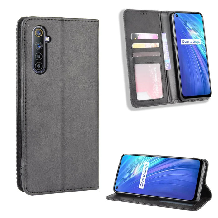 Magnetic Retro Leather with Wallet Shell for Realme 6 - Black - 1