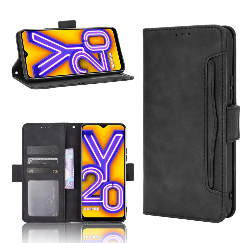 Leather Wallet Phone Cover Shell with Multiple Card-Carrying Slots for Vivo Y20 2020/Y20i - Black - 1