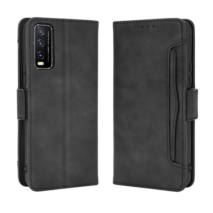 Leather Wallet Phone Cover Shell with Multiple Card-Carrying Slots for Vivo Y20 2020/Y20i - Black - 7