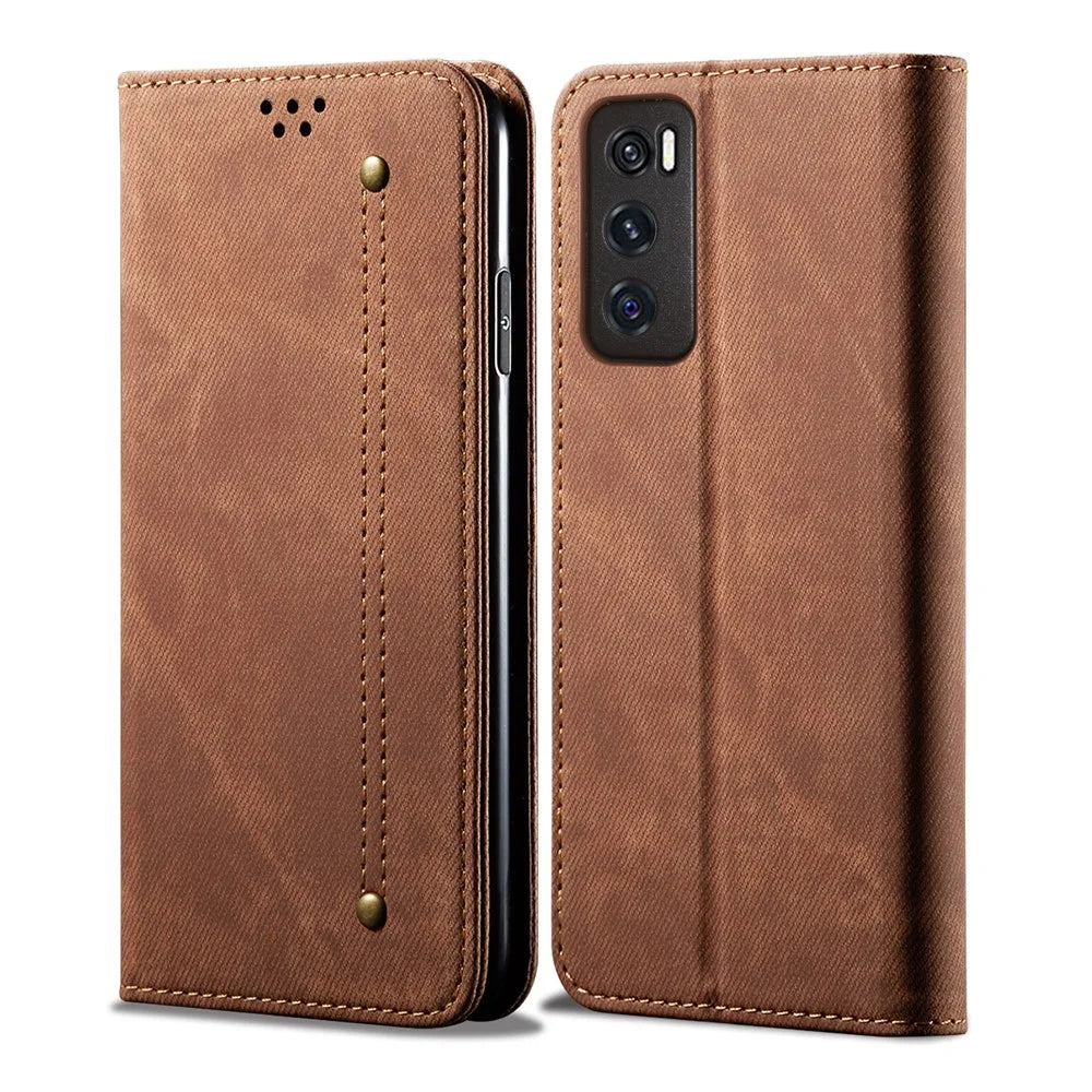 Leisure Style Jeans Cloth Texture Wallet Cell Phone Stand Leather Case for Vivo Y70 2020 - Brown - 2