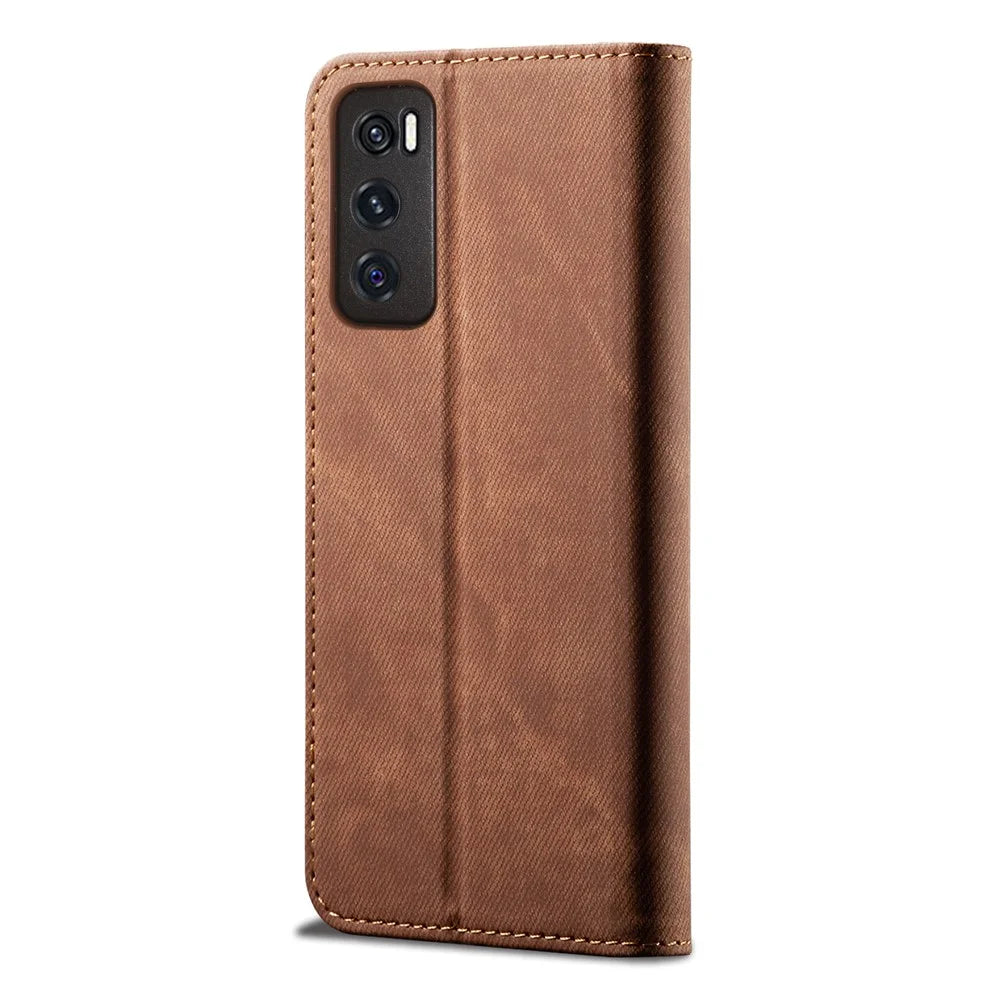 Leisure Style Jeans Cloth Texture Wallet Cell Phone Stand Leather Case for Vivo Y70 2020 - Brown - 4