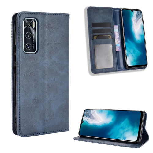 Magnetic Vintage Style Phone Case Wallet Stand Leather Cover for vivo V20 SE / vivo Y70 2020 - Blue - 1