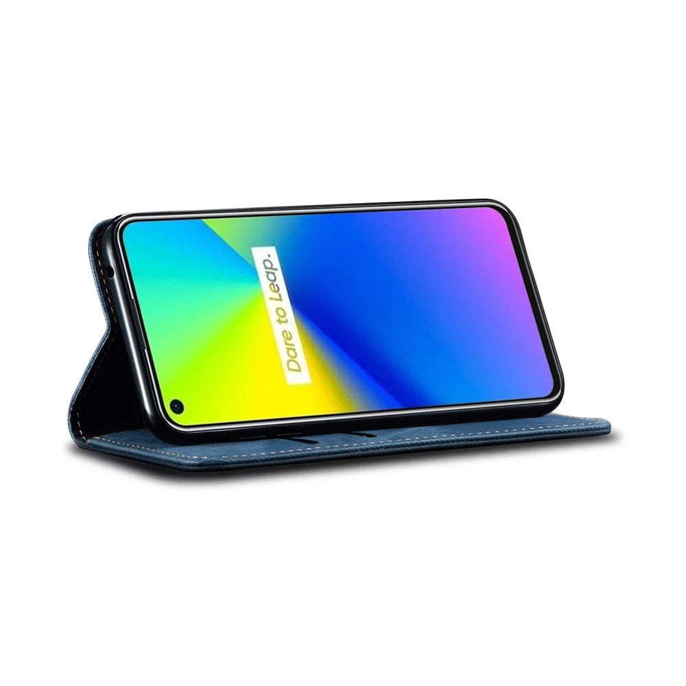 Jeans Cloth Texture Leisure Style Cell Phone Leather Case with Wallet and Stand for Realme 7i (Asia) - Blue - 7