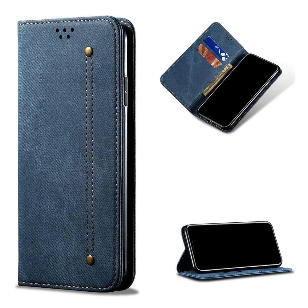 Jeans Cloth Texture Leisure Style Cell Phone Leather Case with Wallet and Stand for Realme 7 (Asia)/(Global) - Blue - 1