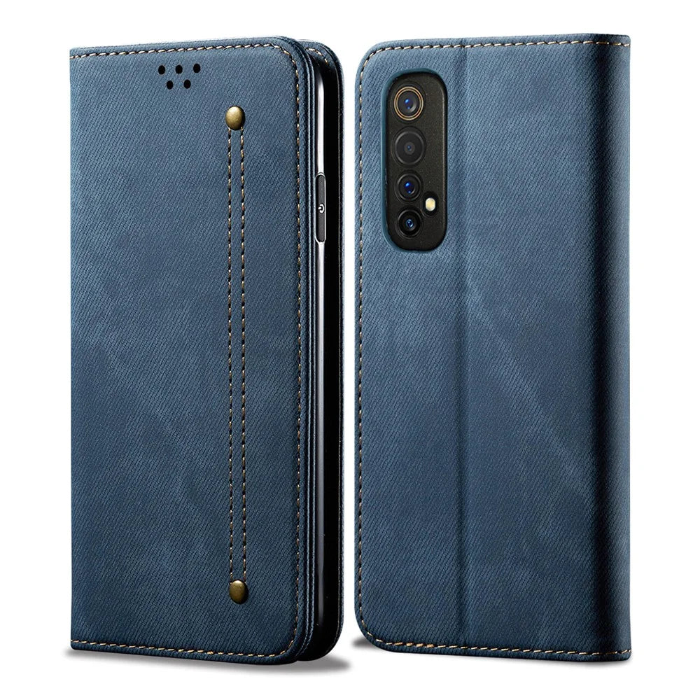 Jeans Cloth Texture Leisure Style Cell Phone Leather Case with Wallet and Stand for Realme 7 (Asia)/(Global) - Blue - 2