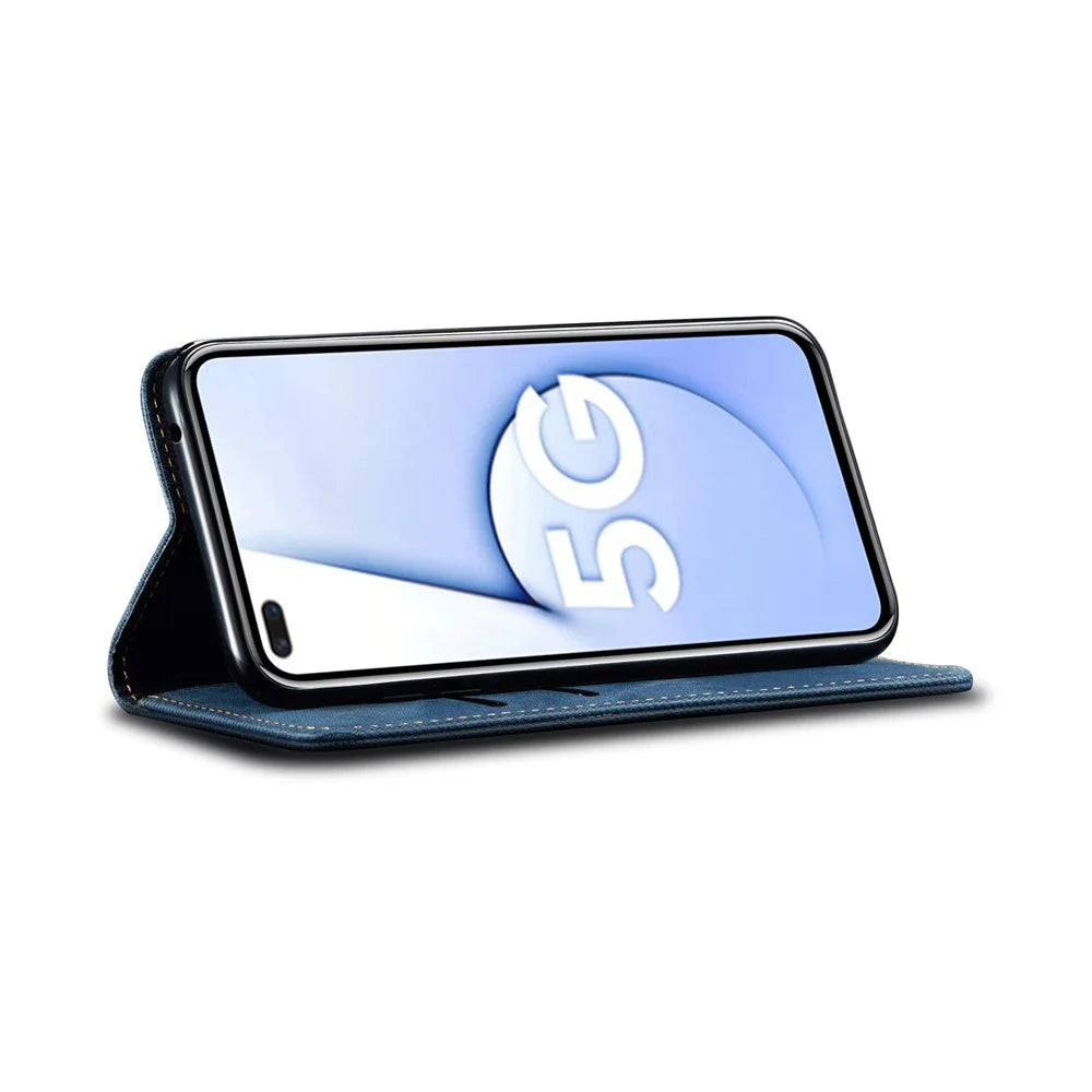 Jeans Cloth Texture Leisure Style Cell Phone Leather Case with Wallet and Stand for Realme 7 (Asia)/(Global) - Blue - 7