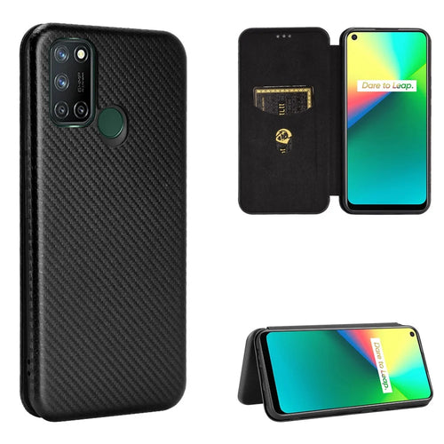 Auto-absorbed Carbon Fiber Leather Case with Card Holder for Realme 7i (Asia)/C17 - Black - 1