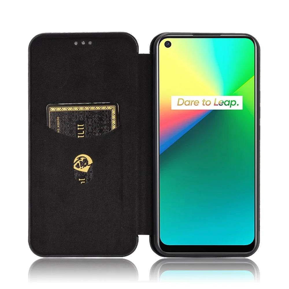 Auto-absorbed Carbon Fiber Leather Case with Card Holder for Realme 7i (Asia)/C17 - Black - 4
