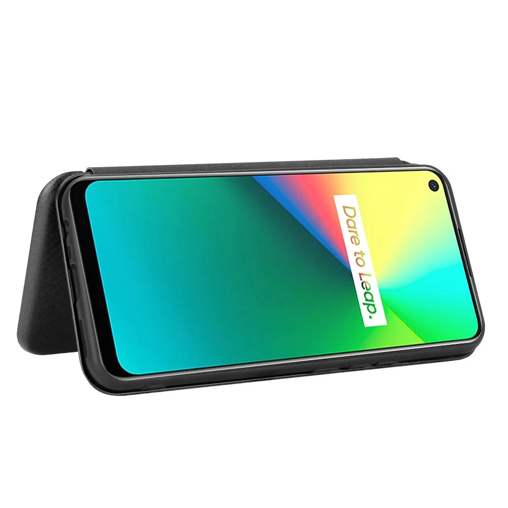 Auto-absorbed Carbon Fiber Leather Case with Card Holder for Realme 7i (Asia)/C17 - Black - 5