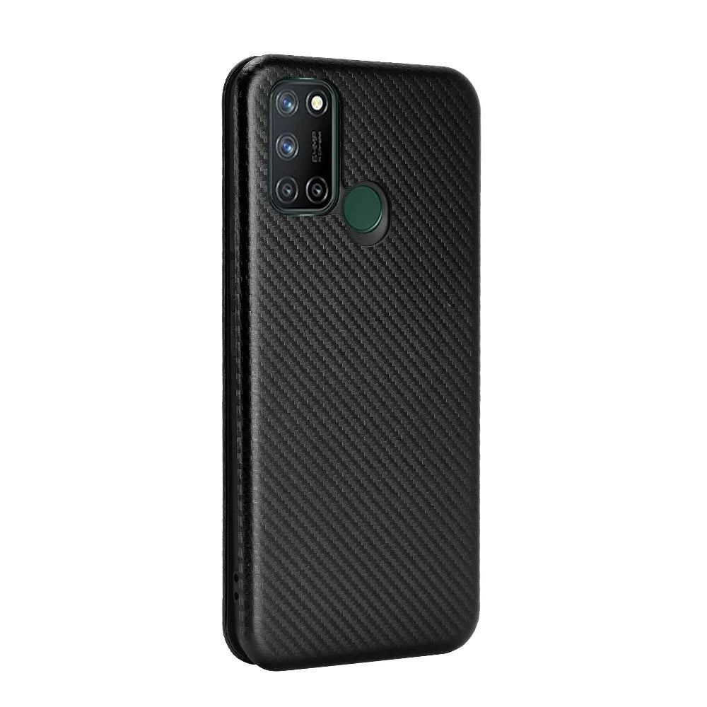 Auto-absorbed Carbon Fiber Leather Case with Card Holder for Realme 7i (Asia)/C17 - Black - 6