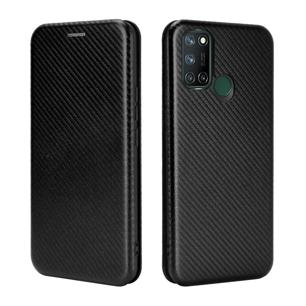 Auto-absorbed Carbon Fiber Leather Case with Card Holder for Realme 7i (Asia)/C17 - Black - 7