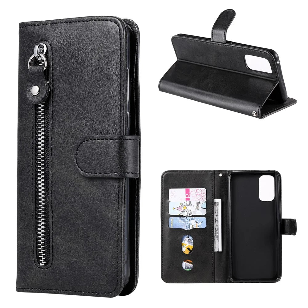 Zipper Pocket Leather Wallet Stand Case for Realme 7 Pro - Black - 1