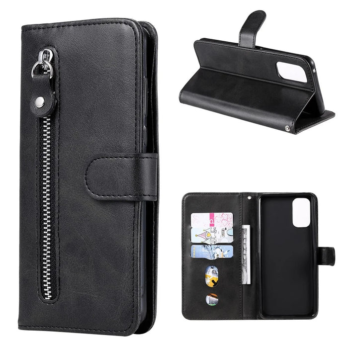 Zipper Pocket Leather Wallet Stand Case for Realme 7 Pro - Black - 1