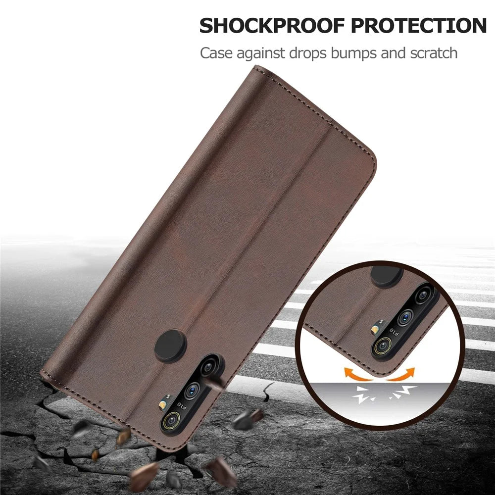 LC.IMEEKE Wallet Stand Leather Shell Phone Cover Case for Realme C3/Realme 5/Realme 5s/Realme 5i/C3i(With the Fingerprint Hole)/Realme 6i(Philippines Version)/Realme Narzo - Brown - 2