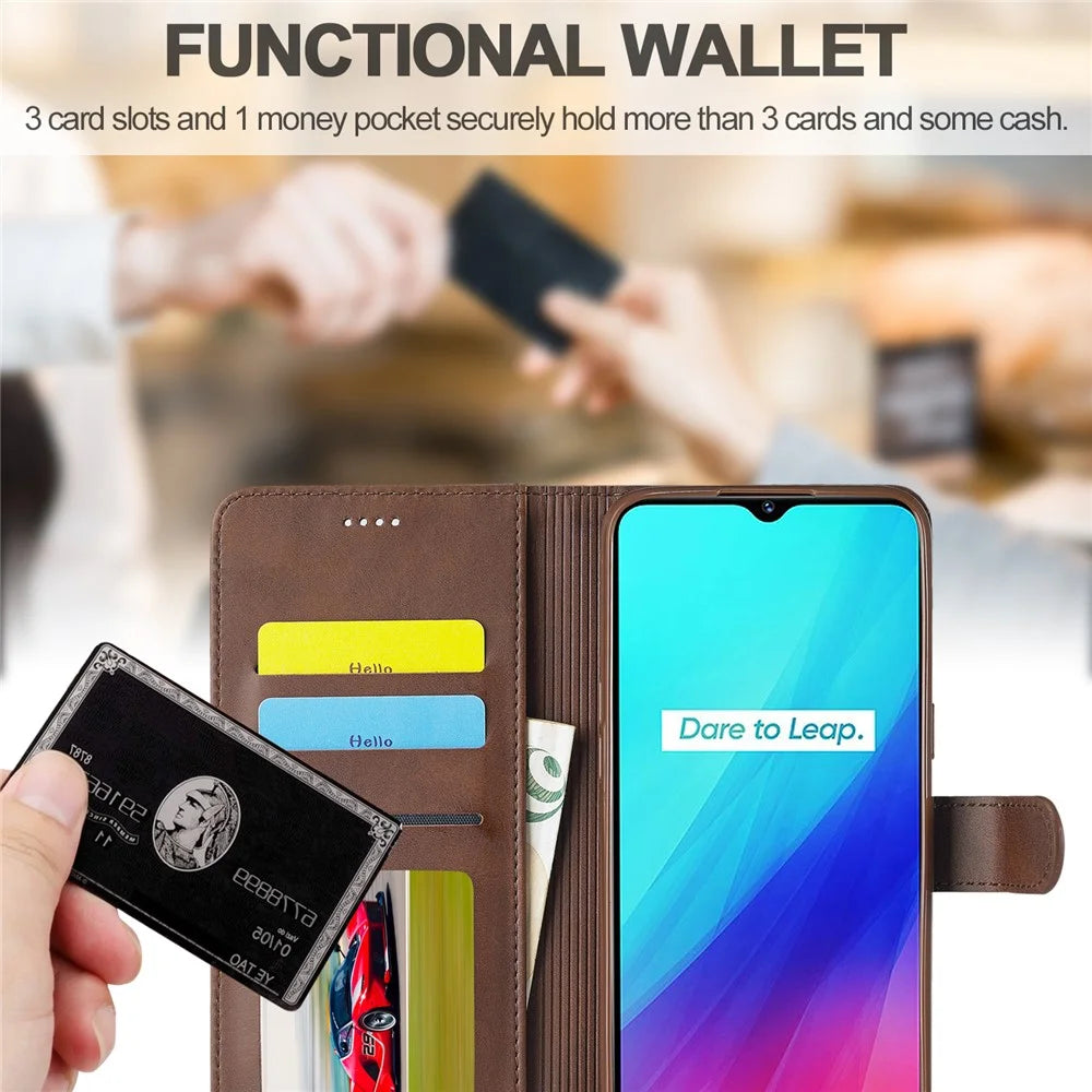 LC.IMEEKE Wallet Stand Leather Shell Phone Cover Case for Realme C3/Realme 5/Realme 5s/Realme 5i/C3i(With the Fingerprint Hole)/Realme 6i(Philippines Version)/Realme Narzo - Brown - 3