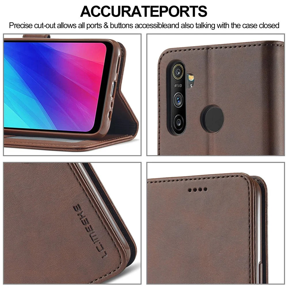 LC.IMEEKE Wallet Stand Leather Shell Phone Cover Case for Realme C3/Realme 5/Realme 5s/Realme 5i/C3i(With the Fingerprint Hole)/Realme 6i(Philippines Version)/Realme Narzo - Brown - 4