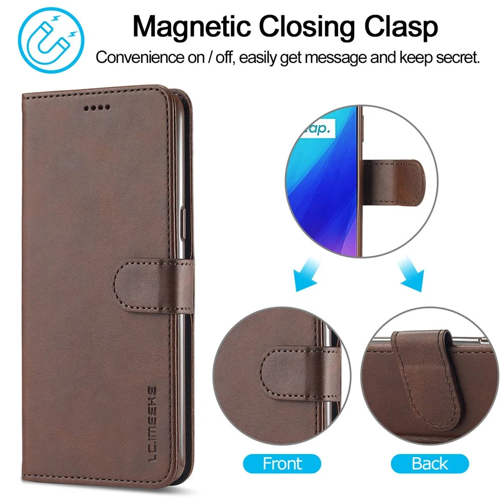 LC.IMEEKE Wallet Stand Leather Shell Phone Cover Case for Realme C3/Realme 5/Realme 5s/Realme 5i/C3i(With the Fingerprint Hole)/Realme 6i(Philippines Version)/Realme Narzo - Brown - 5