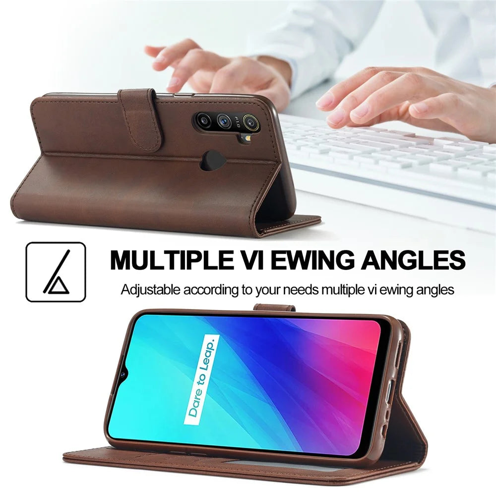 LC.IMEEKE Wallet Stand Leather Shell Phone Cover Case for Realme C3/Realme 5/Realme 5s/Realme 5i/C3i(With the Fingerprint Hole)/Realme 6i(Philippines Version)/Realme Narzo - Brown - 6