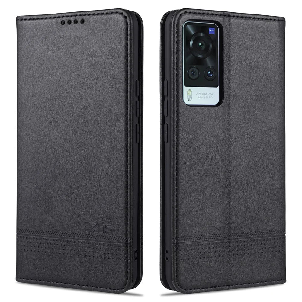 AZNS Auto-absorbed Magnetic Stand Wallet Leather Mobile Shell Case for vivo X60 5G - Black - 1