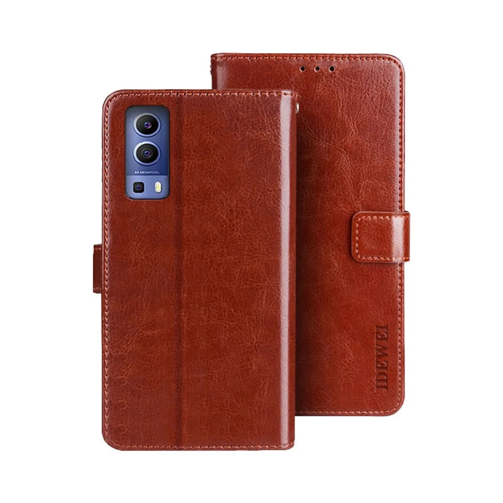 IDEWEI Crazy Horse Texture Leather Phone Cover Case with Wallet Stand for vivo Y72 5G - Brown - 1