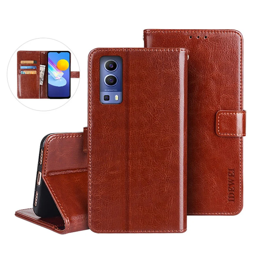 IDEWEI Crazy Horse Texture Leather Phone Cover Case with Wallet Stand for vivo Y72 5G - Brown - 3