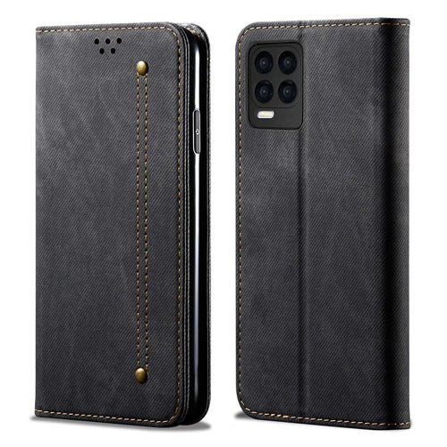 Jeans Cloth Texture Leather Wallet Stand Case for Realme 8/8 Pro - Black - 1